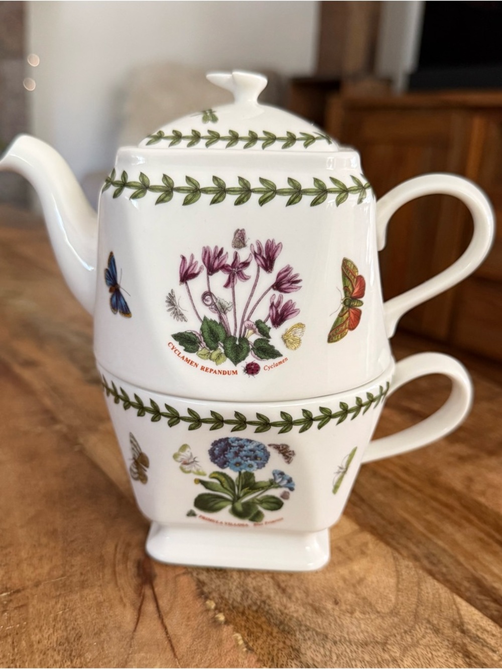 Portmeirion White Floral Stackable Teapot and Cup with Green Leaf Border